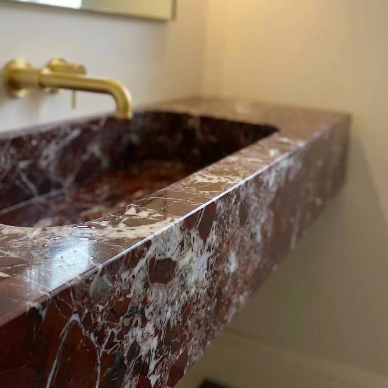 Handcarved Rosso Levanto marble floating vanity sink by Marblyart, custom made to order — photo 7 of 11