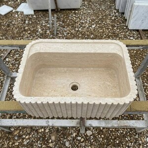 Handcarved beige travertine marble vessel sink by Marblyart, custom made to order — photo 6 of 13