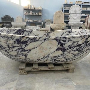 Handcarved Calacatta Viola marble freestanding bathtub by Marblyart, custom made to order — photo 9 of 13