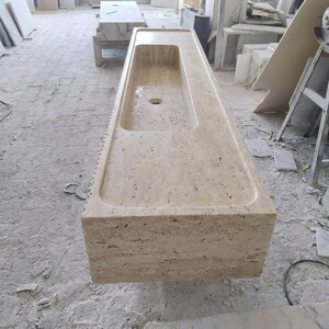 Beige Travertine fluted vessel sink — front view (photo 8)