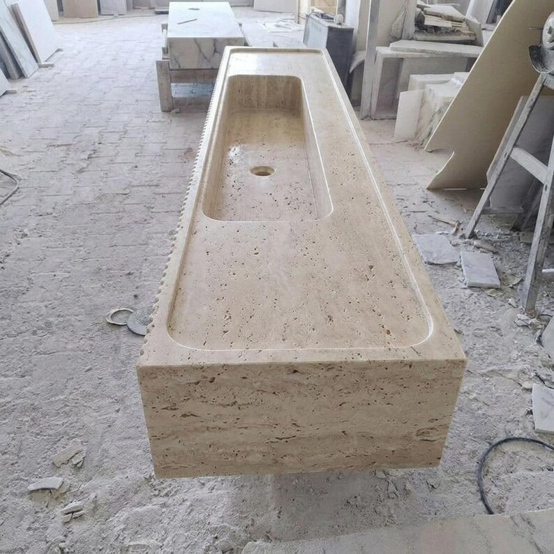 Beige Travertine fluted vessel sink — front view (photo 8)