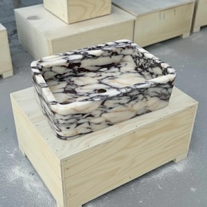 Handcarved Calacatta Viola marble wall mounted sink by Marblyart, custom made to order — photo 8 of 11