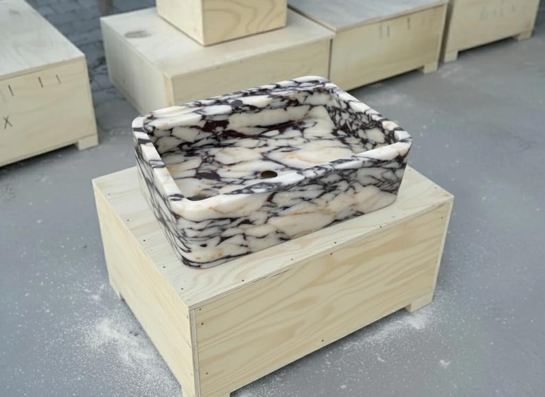 Handcarved Calacatta Viola marble wall mounted sink by Marblyart, custom made to order — photo 8 of 11