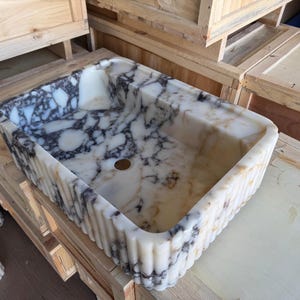 Handcarved Calacatta Viola marble vessel sink by Marblyart, custom made to order — photo 8 of 11