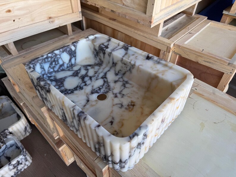 Handcarved Calacatta Viola marble vessel sink by Marblyart, custom made to order — photo 8 of 11