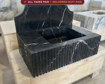 Black Marble Sink with Backsplash, Fluted Stone Basin, Nero Marquina Wall Hung Sink, Custom Natural Stone Vanity, Luxury Bathroom 22"x14"
