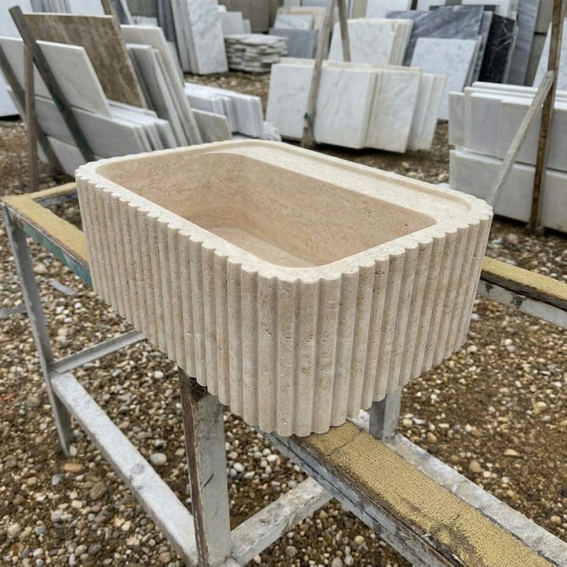 Handcarved beige travertine marble vessel sink by Marblyart, custom made to order — photo 11 of 13