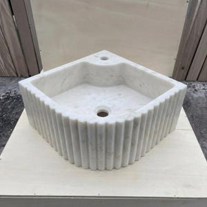 Handcarved Carrara marble fluted vessel sink by Marblyart, custom made to order — photo 11 of 13