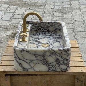 Handcarved Calacatta Viola marble wall mounted sink by Marblyart, custom made to order — photo 10 of 15