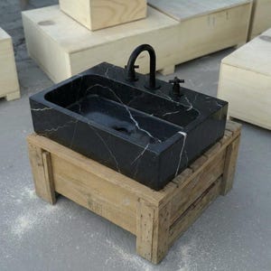 Handcarved Nero Marquina marble vessel sink by Marblyart, custom made to order — photo 13 of 17