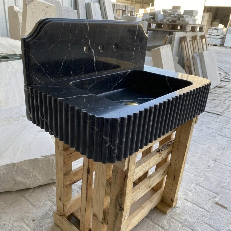 Nero Marquina Marble square vessel sink — low-angle view (photo 15)