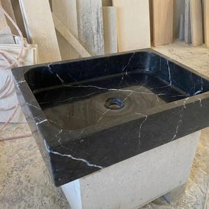Handcarved Nero Marquina marble vessel sink by Marblyart, custom made to order — photo 11 of 13