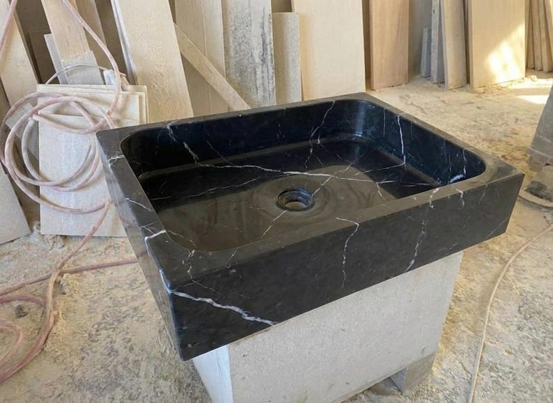 Handcarved Nero Marquina marble vessel sink by Marblyart, custom made to order — photo 11 of 13
