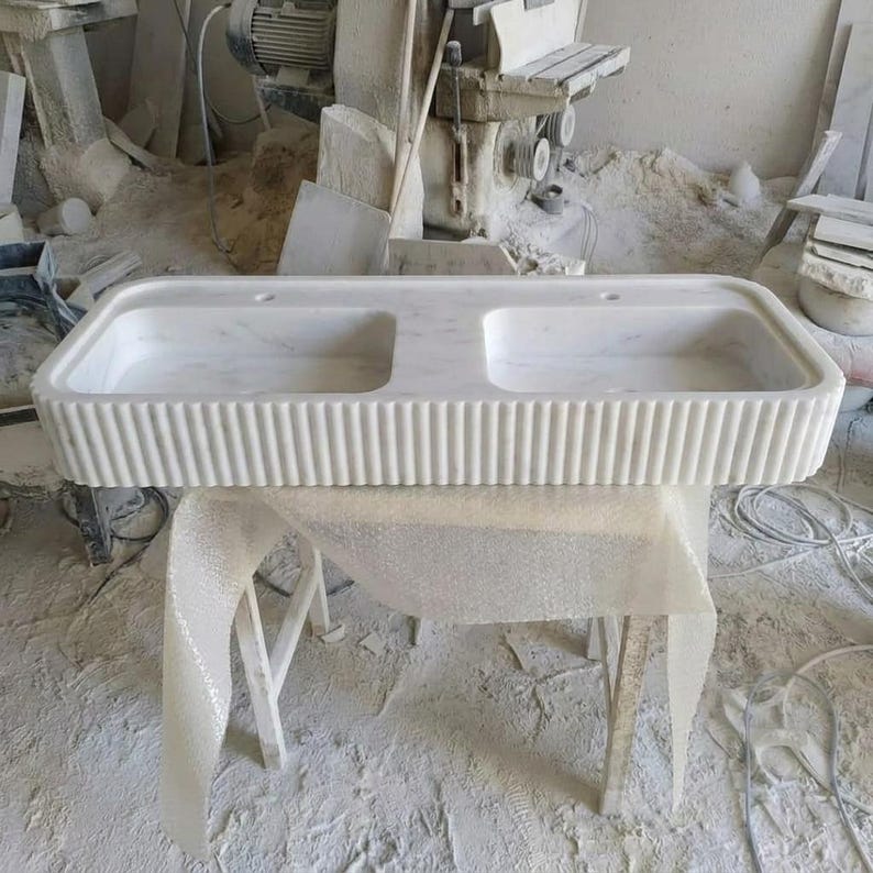 Carrara White Marble fluted vessel sink — front view (photo 5)