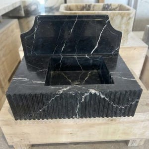 Handcarved Nero Marquina marble wall mounted sink by Marblyart, custom made to order — photo 11 of 14