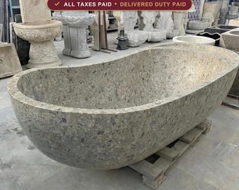 Natural Stone Bathtub, Hand Carved Freestanding Tub, Oval Terrazzo Look Marble Bath, Luxury Spa Soaking Tub, Custom Bathroom Centerpiece
