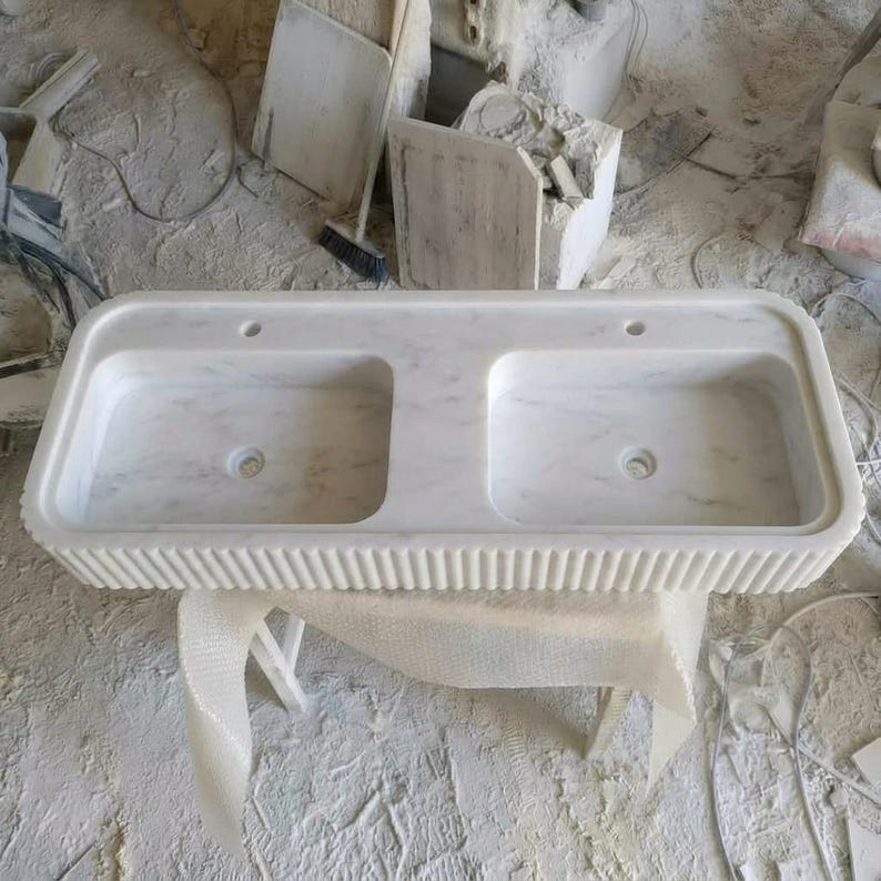 Carrara White Marble fluted vessel sink — bird's eye view (photo 9)