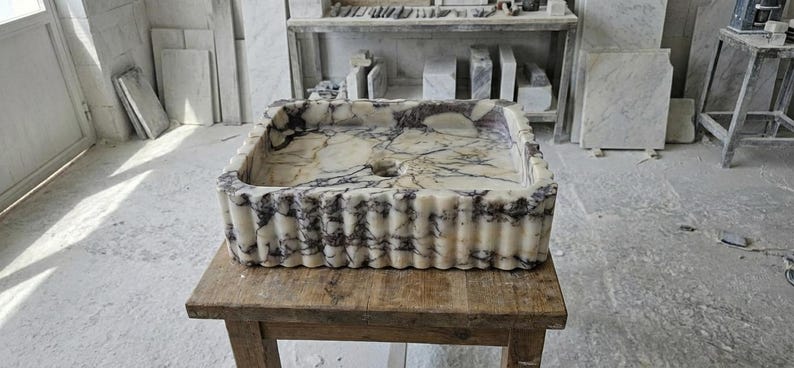 Handcarved Calacatta Viola marble vessel sink by Marblyart, custom made to order — photo 15 of 15