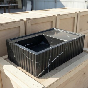 Handcarved Nero Marquina marble vessel sink by Marblyart, custom made to order — photo 10 of 12