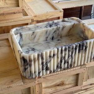 Handcarved Calacatta Viola marble fluted vessel sink by Marblyart, custom made to order — photo 9 of 11