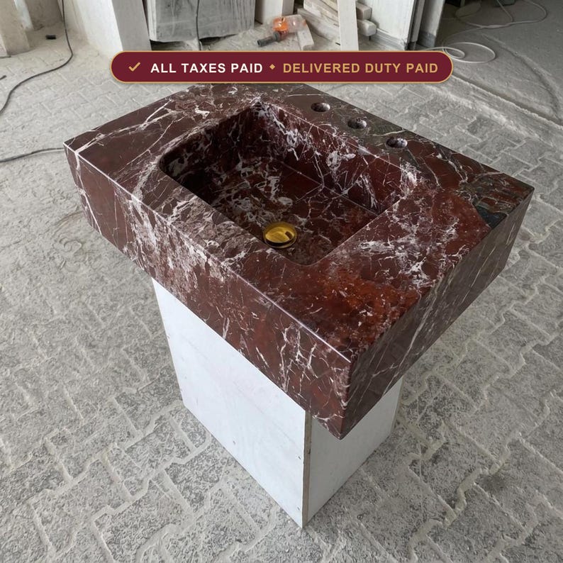 Handcarved Rosso Levanto marble wall mounted sink by Marblyart, custom made to order — photo 1 of 16
