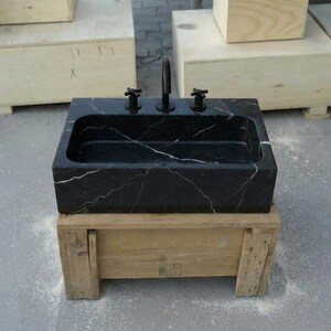 Handcarved Nero Marquina marble vessel sink by Marblyart, custom made to order — photo 12 of 17