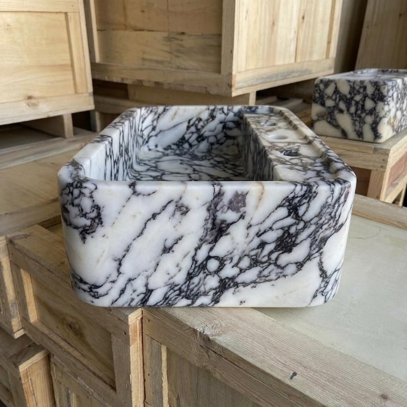 Calacatta Viola Marble square vessel sink — left side view (photo 2)
