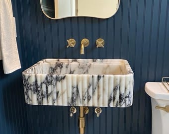Lavabo de mármol Calacatta Viola tallado a mano a medida, lavabo de mármol para montaje en pared.