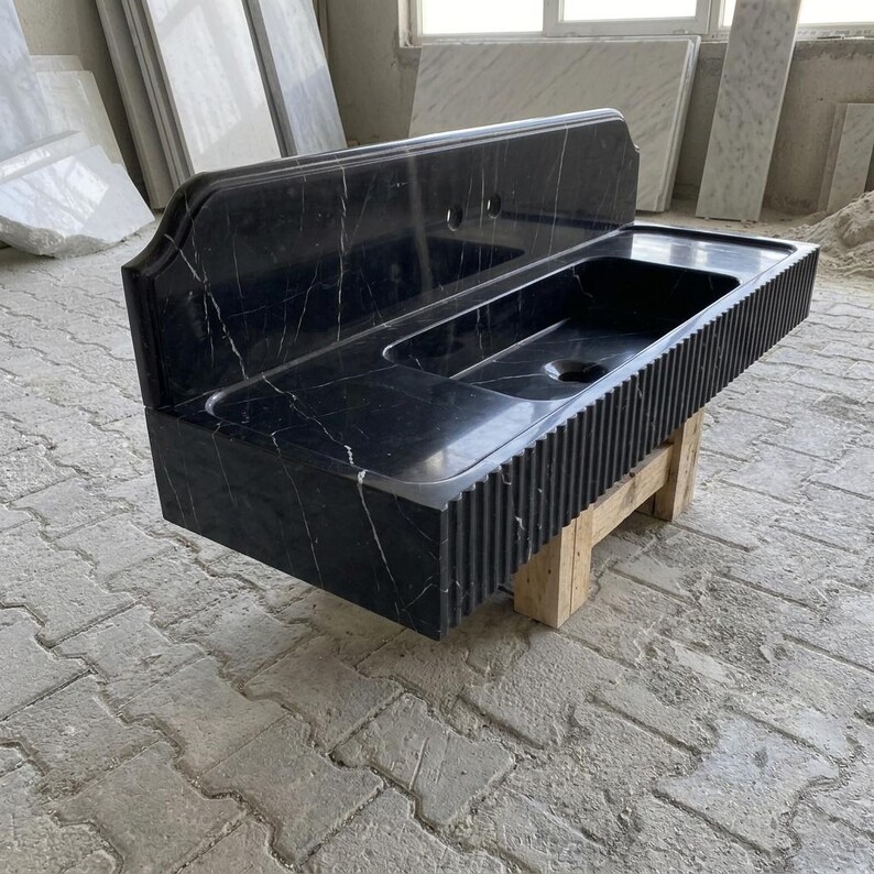 Nero Marquina Marble fluted vessel sink — high-angle view (photo 13)