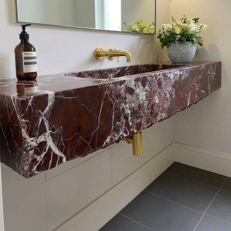 Handcarved Rosso Levanto marble floating vanity sink by Marblyart, custom made to order — photo 9 of 11