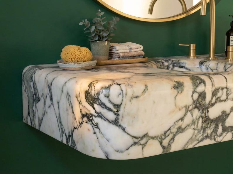 Handcarved natural marble marble floating vanity sink by Marblyart, custom made to order — photo 5 of 15
