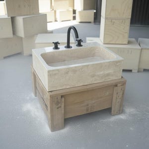 Handcarved beige travertine marble vessel sink by Marblyart, custom made to order — photo 7 of 11