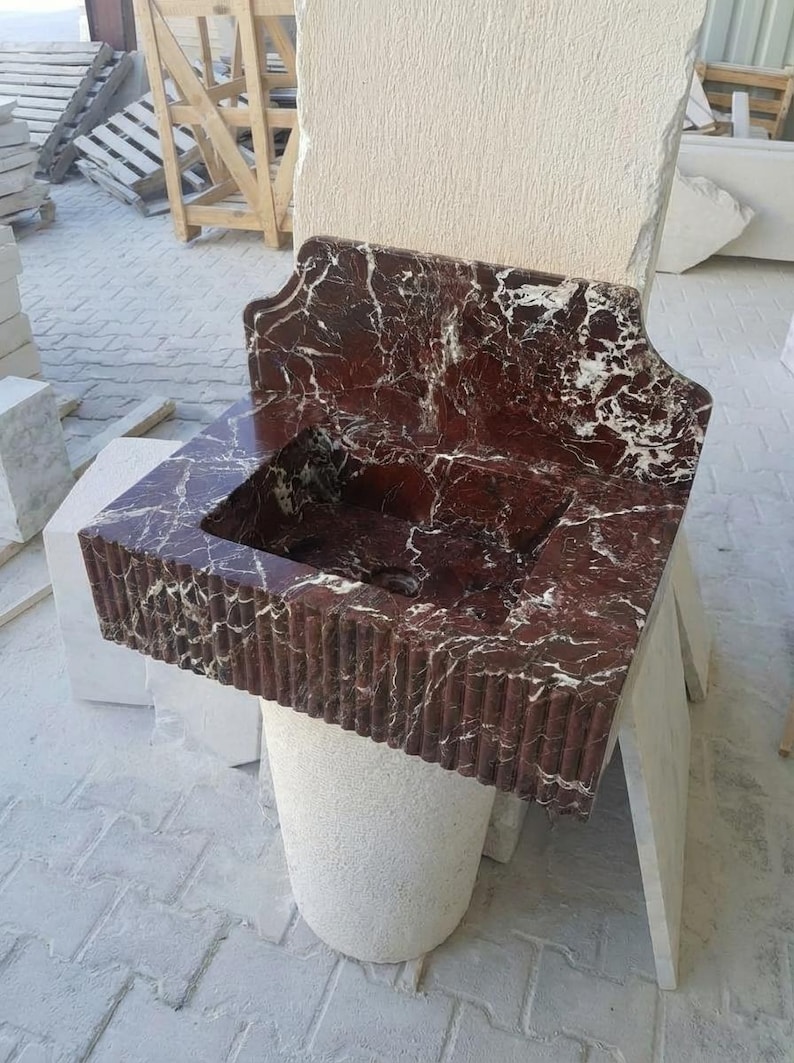 Handcarved Rosso Levanto marble wall mounted sink by Marblyart, custom made to order — photo 5 of 9