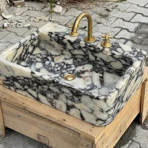 Handcarved Calacatta Viola marble vessel sink by Marblyart, custom made to order — photo 2 of 12