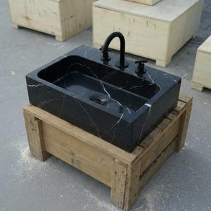 Handcarved Nero Marquina marble vessel sink by Marblyart, custom made to order — photo 8 of 17