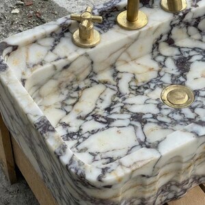 Handcarved Calacatta Viola marble wall mounted sink by Marblyart, custom made to order — photo 4 of 15