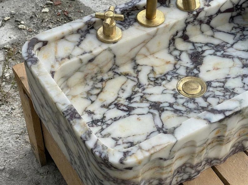 Handcarved Calacatta Viola marble wall mounted sink by Marblyart, custom made to order — photo 4 of 15