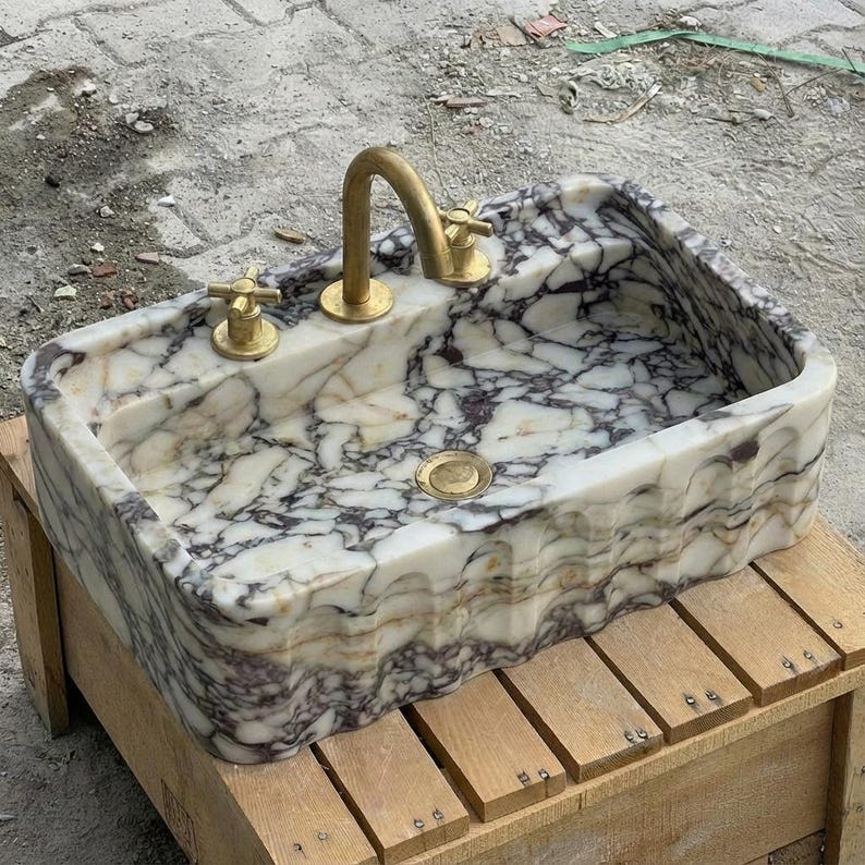 Handcarved Calacatta Viola marble wall mounted sink by Marblyart, custom made to order — photo 7 of 15