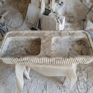 Handcarved Calacatta Gold marble double basin sink by Marblyart, custom made to order — photo 13 of 13
