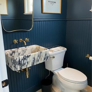 Handcarved Calacatta Viola marble wall mounted sink by Marblyart, custom made to order — photo 9 of 11