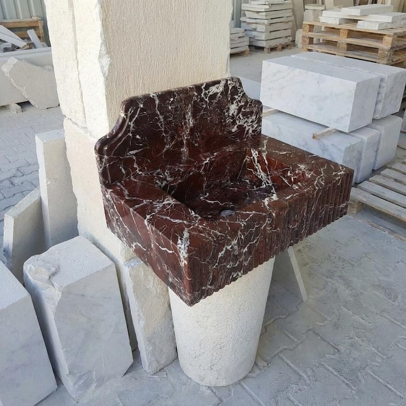 Handcarved Rosso Levanto marble wall mounted sink by Marblyart, custom made to order — photo 4 of 9