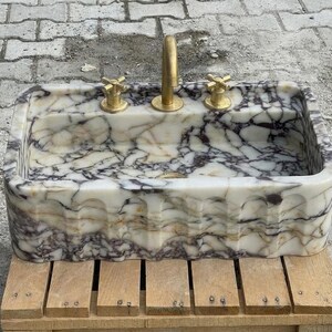 Handcarved Calacatta Viola marble wall mounted sink by Marblyart, custom made to order — photo 2 of 15
