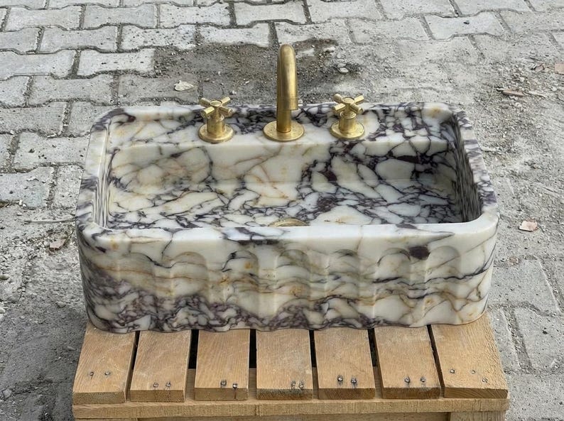 Handcarved Calacatta Viola marble wall mounted sink by Marblyart, custom made to order — photo 2 of 15