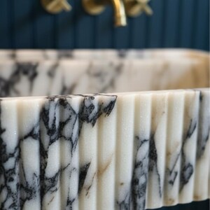 Handcarved Calacatta Viola marble wall mounted sink by Marblyart, custom made to order — photo 4 of 11