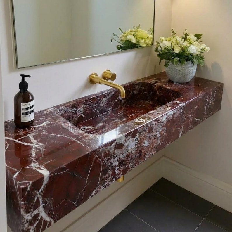 Handcarved Rosso Levanto marble floating vanity sink by Marblyart, custom made to order — photo 8 of 11