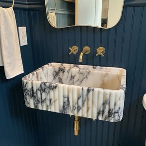 Handcarved Calacatta Viola marble wall mounted sink by Marblyart, custom made to order — photo 6 of 11