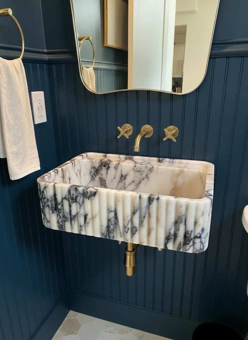 Handcarved Calacatta Viola marble wall mounted sink by Marblyart, custom made to order — photo 6 of 11