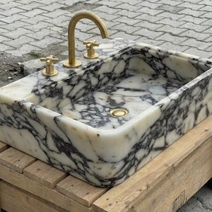Handcarved Calacatta Viola marble vessel sink by Marblyart, custom made to order — photo 8 of 12