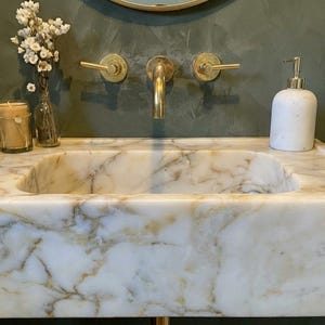 Handcarved Calacatta Gold marble vessel sink by Marblyart, custom made to order — photo 8 of 13