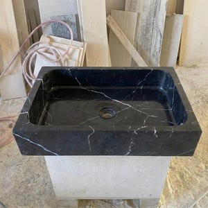 Handcarved Nero Marquina marble vessel sink by Marblyart, custom made to order — photo 12 of 13